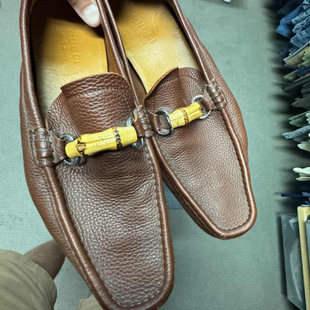 Gucci Men's Brown Leather Slip-On Loafers with Bamboo Detail